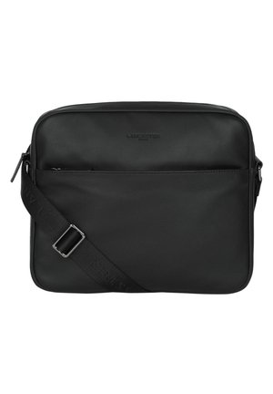 Black leather crossbody bag with a rectangular shape, zip closure, front pocket, and adjustable strap featuring logo detail.