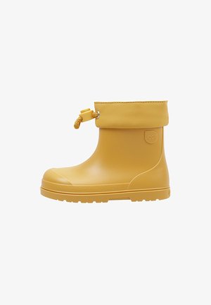 Botte de pluie en caoutchouc jaune avec un bout arrondi, une semelle texturée et un col rabattable, dotée d'un système de fermeture à cordon et d'un logo en relief.