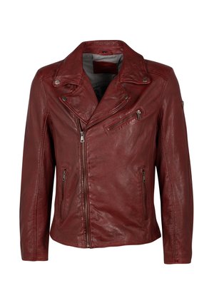 Giacca da moto in pelle rossa con colletto a punta, chiusura con zip frontale e due tasche laterali con ulteriore tasca sul petto con zip. Texture liscia.