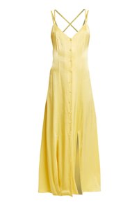 Robe maxi en satin jaune avec un décolleté en V, des bretelles croisées dans le dos et une fermeture à boutons sur le devant. Dispose de fentes latérales pour plus de liberté de mouvement.