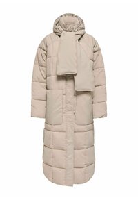 Beige lång vadderad rock med huva, utrustad med en knuten scarf, quiltad design, två framfickor och en dragkedja framtill.
