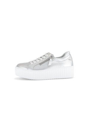 Silver metallic sneaker with a white platform sole, featuring laces, a side zipper, and a textured finish. Smooth upper material.
