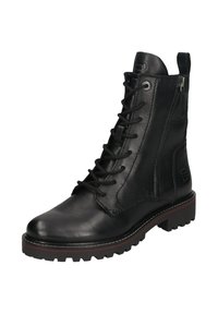 Schwarzer Lederstiefel mit Schnürdesign, seitlichem Reißverschluss, robustem Absatz, rotem Akzent an der Sohle und verstärktem Absatz für zusätzlichen Halt.