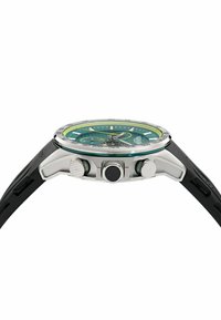 Orologio da uomo con cassa in acciaio inox argento, quadrante verde, cinturino in gomma nera e dettagli argentati. Presenta sub-quadranti cronografici e corona a vite.