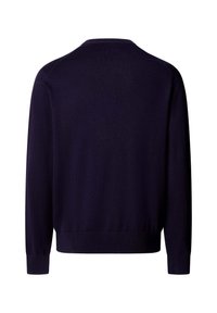Dunkelmarineblauer Pullover mit langen Ärmeln, von hinten gezeigt, mit gerippten Bündchen und Saum auf weißem Hintergrund.