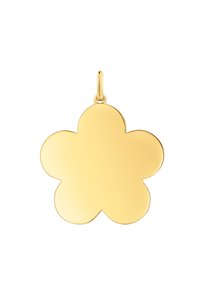 Pendente in oro a forma di fiore con sei petali arrotondati, texture liscia e un anello per appenderlo, con una finitura lucida.