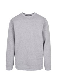Grauer Pullover aus weichem Stoff, mit Rundhalsausschnitt, langen Ärmeln und gerippten Bündchen sowie Saum. Keine Muster oder Akzente sichtbar.
