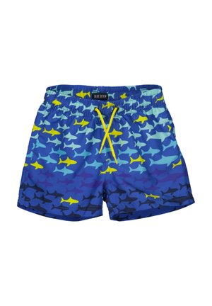 Niebieskie kąpielówki z elastycznym pasem i jasnoniebieskim sznurkiem do regulacji. Posiadają wzór w wielokolorowe rekiny na niebieskim tle.