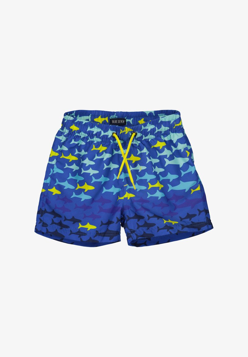 Shorts de bain bleus avec une taille élastique et un cordon de serrage jaune vif. Présente un motif de requin multicolore sur fond bleu.