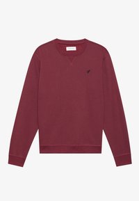 Sudadera burdeos con cuello redondo hecha de tela suave, con mangas largas, puños acanalados y un pequeño logo negro en el pecho.