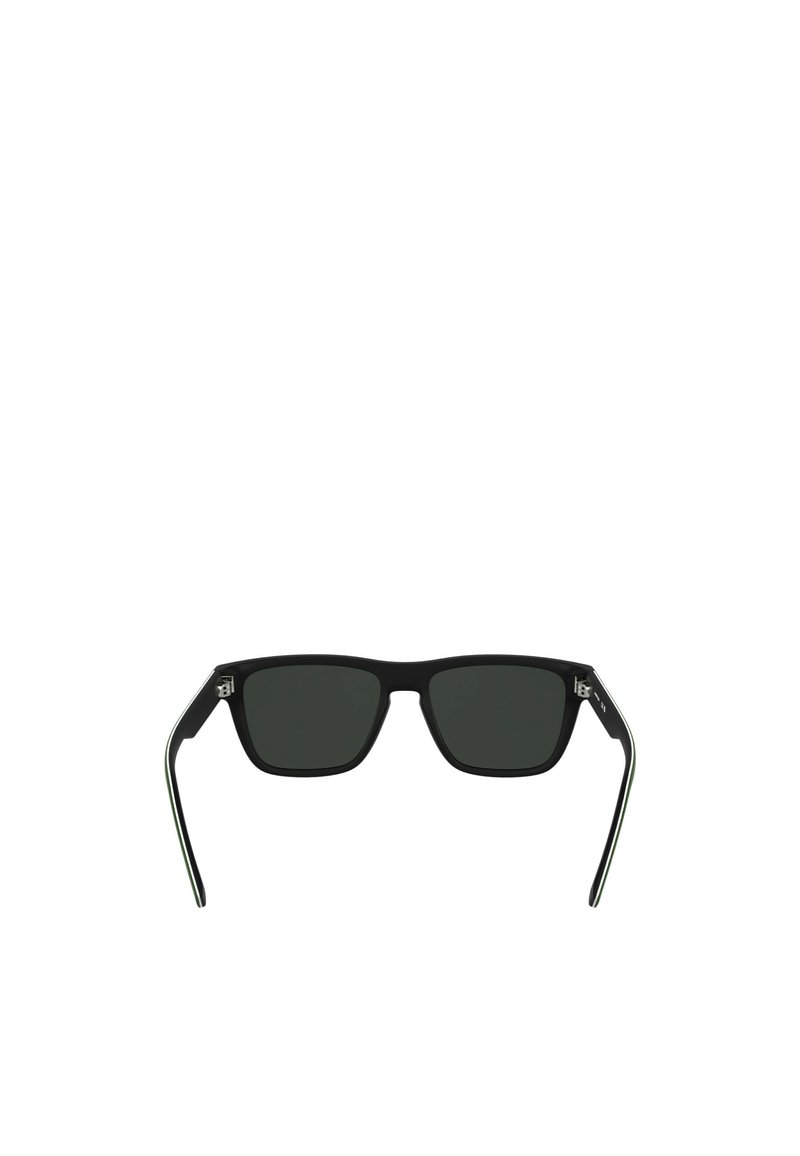 Black rectangular sunglasses with dark lenses, featuring a matte finish and silver accents on the hinges, sleek and minimalistic design.