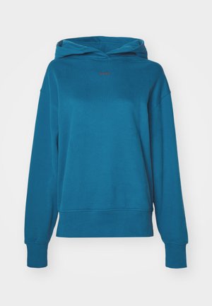 Teal hoodie with a loose fit, featuring a drawstring hood, ribbed cuffs, and a small logo on the chest. Soft cotton material, smooth texture.