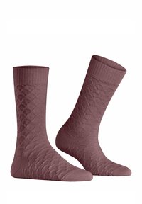 Chaussettes marron avec un motif de losanges texturé, dotées d'un poignet côtelé, d'un corps en maille lisse et d'un orteil renforcé, idéales pour un usage décontracté.