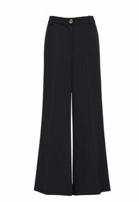 Pantaloni a gamba larga in tessuto nero pieno, con vita alta, pieghe frontali e dettaglio con bottone dorato in vita.