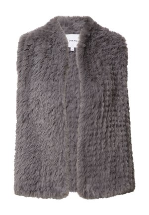 Gray faux fur vest with a high collar and open front. Features a soft, plush texture and no visible fastenings or embellishments.