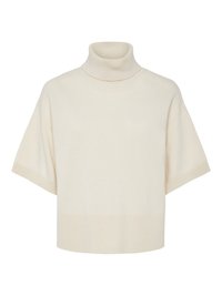 Kremowy sweter z golfem, krótkie rękawy, ściągacze i dół z ożywionego materiału, miękka dzianina, luźny krój, minimalistyczny design bez widocznych wzorów.