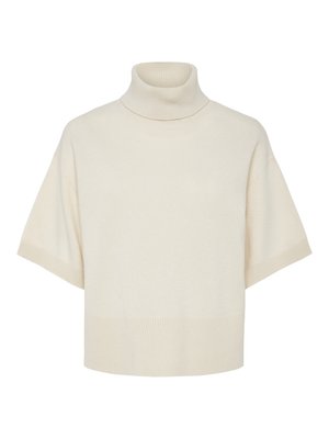 Kremowy sweter z golfem, krótkie rękawy, ściągacze i dół z ożywionego materiału, miękka dzianina, luźny krój, minimalistyczny design bez widocznych wzorów.