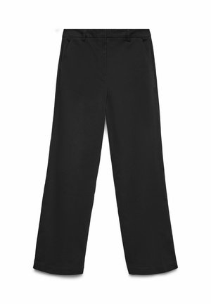 Pantalons larges noirs en tissu lisse. Dotés d'une taille plate, de poches latérales doubles et d'une finition nette aux ourlets.