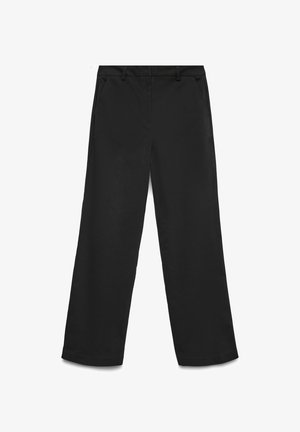 Črne široke hlače iz gladkega blaga. Imajo raven pas, dvojne stranske žepe in čiste robove na konicah.
