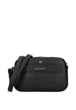 Borsa a tracolla in pelle nera Valleverde con tracolla regolabile e logo dorato sul davanti, forma rettangolare con chiusura superiore con zip.