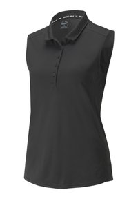 Polo sans manches noir avec col, doté d'une patte de boutonnage et d'un tissu lisse et léger. Détail du logo en bas à gauche.