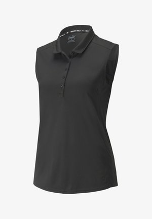 Mustavärinen, hihaton poolopaita, jossa on kaulus, nappilista ja sileä, kevyt kangas. Alareunan vasemmassa alakulmassa logotyyppi.