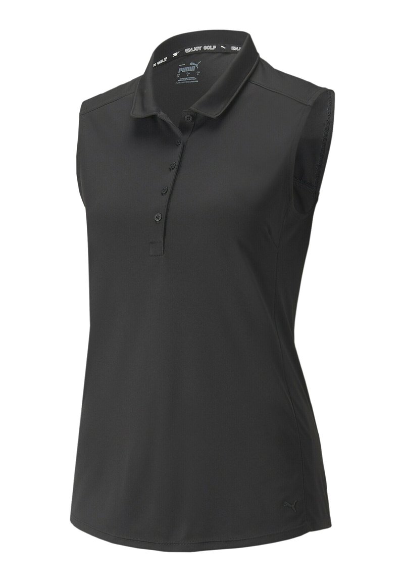 Polo sans manches noir avec col, doté d'une patte de boutonnage et d'un tissu lisse et léger. Détail du logo en bas à gauche.