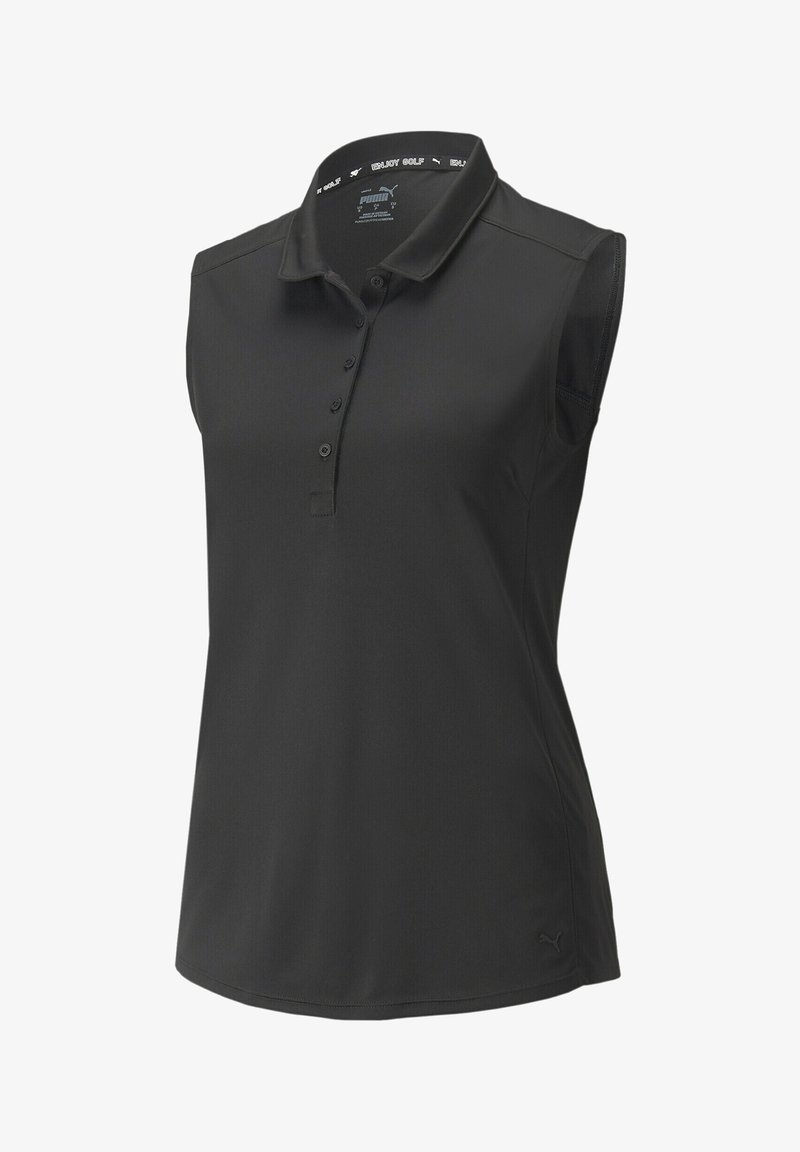 Polo sans manches noir avec col, doté d'une patte de boutonnage et d'un tissu lisse et léger. Détail du logo en bas à gauche.