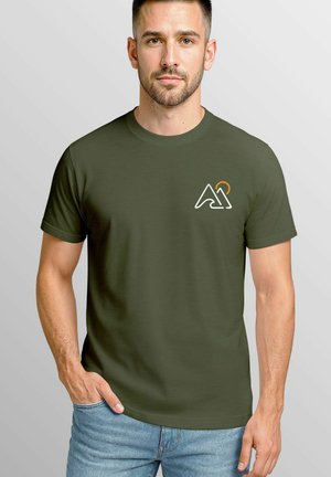 Olive green short-sleeve T-shirt made of cotton, featuring a white and orange logo on the left chest and a crew neckline.