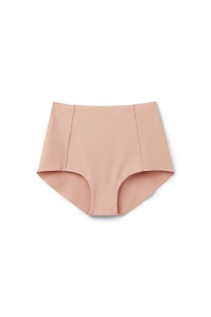 Dámské bezešvé kalhotky v barvě těla s vysokým pasem, hladkou tkaninou a viditelnými vertikálními švovými detaily na předních stranách.