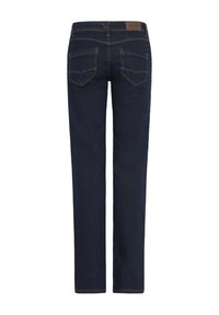 Blugi drepti, de culoare albastru închis, văzuți din spate, cu două buzunare în partea din spate și o pată de piele maro pe talie.