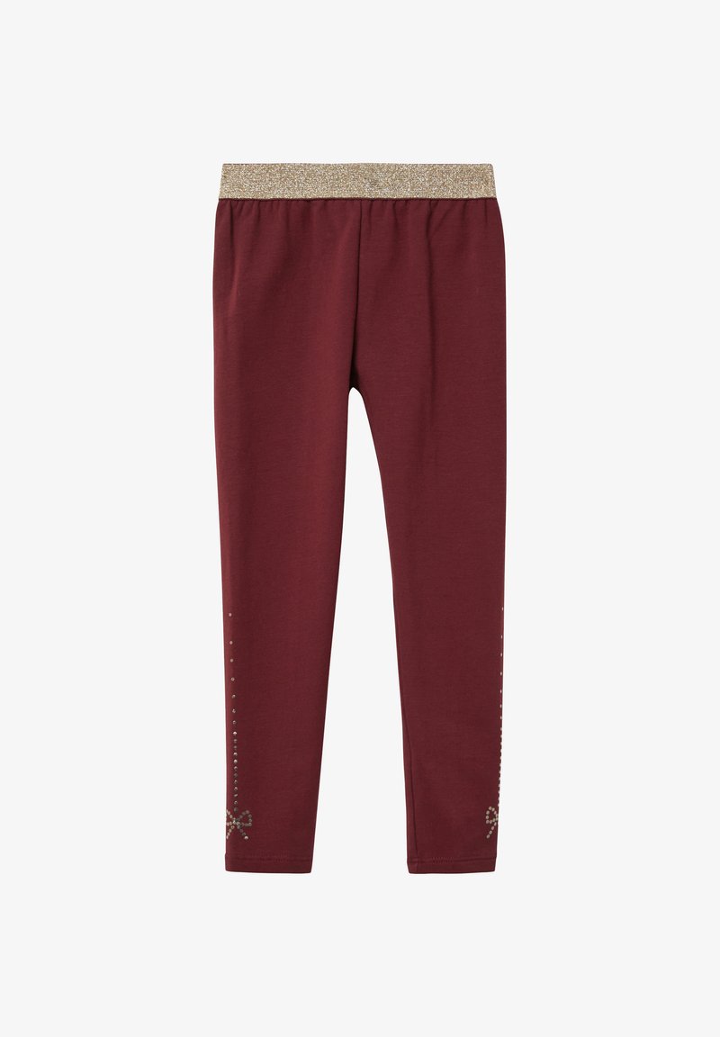 Bordowe legginsy z brokatowym złotym pasem w talii, ozdobione ćwiekami i kokardą przy dole nogawki. Gładka tekstura, dopasowany krój.