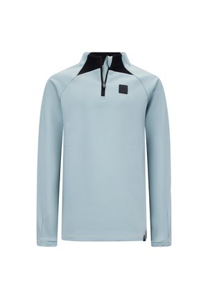 Lichtblauwe lange mouw pullover met een halve rits, zwarte kraagaccenten, een soepele textuur en een logopatch op de voorkant.