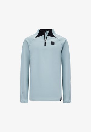 Lichtblauwe lange mouw pullover met een halve rits, zwarte kraagaccenten, een soepele textuur en een logopatch op de voorkant.