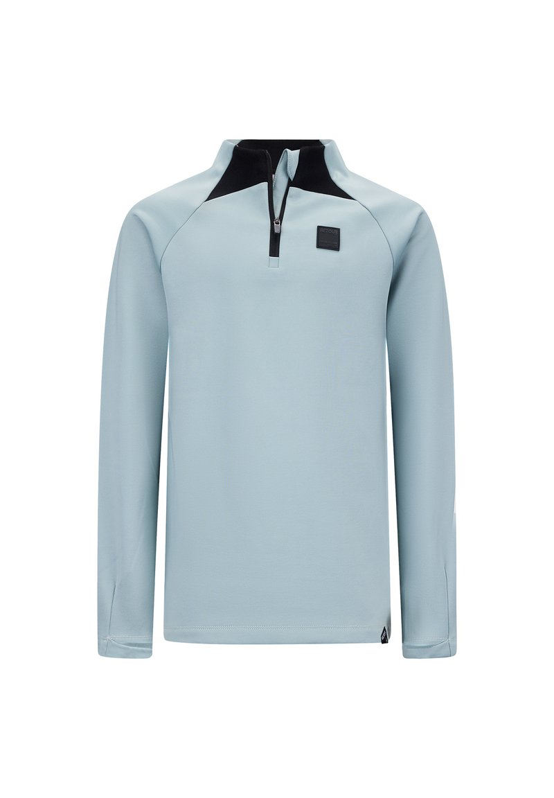 Pullover azzurro chiaro a maniche lunghe con mezza zip, dettagli neri sul colletto, texture liscia e patch con logo sulla parte frontale.