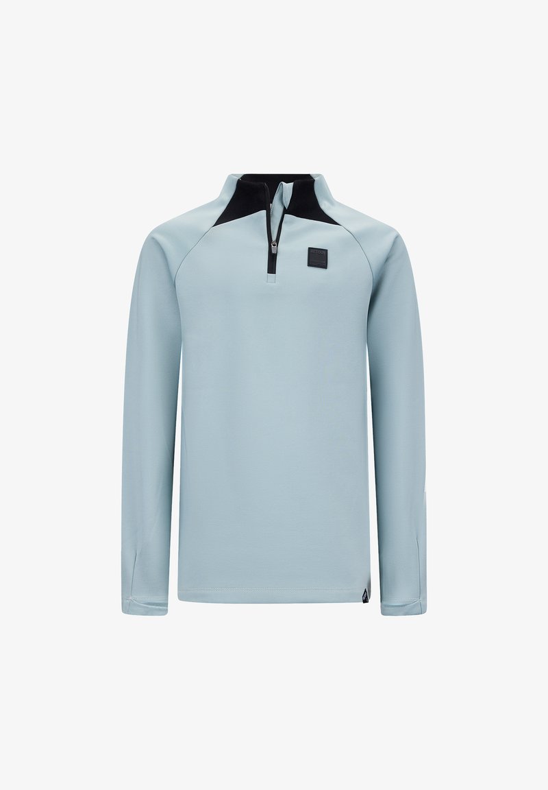 Helles blaues Langarm-Pullover mit halb offenem Reißverschluss, schwarzen Kragenakzenten, glatter Textur und Logo-Patch auf der Vorderseite.