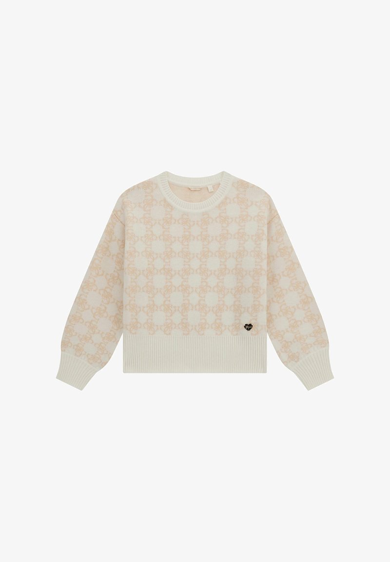 Pull beige et blanc à manches longues avec un motif géométrique subtil, poignets et ourlet côtelés, et un petit cœur noir près du bas.