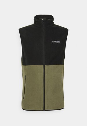 Veste sans manches en polaire noire et vert olive avec fermeture éclair devant et logo "JACK & JONES" sur la poitrine.
