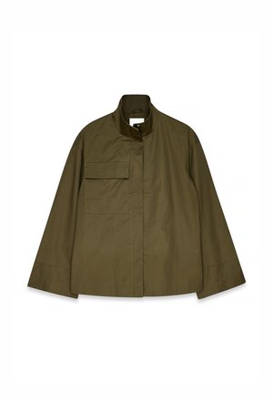 Olive green jacket with a high collar, front closure, and a single chest pocket. The fabric appears smooth, with a relaxed, boxy shape.