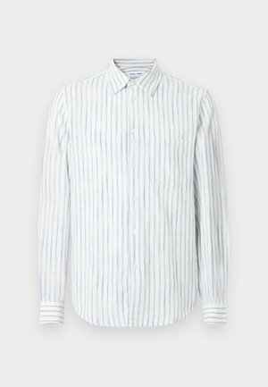 L�ätt långärmad skjorta i vitt med blå vertikala ränder. Har en krage med knappar och en enkel bröstficka.
