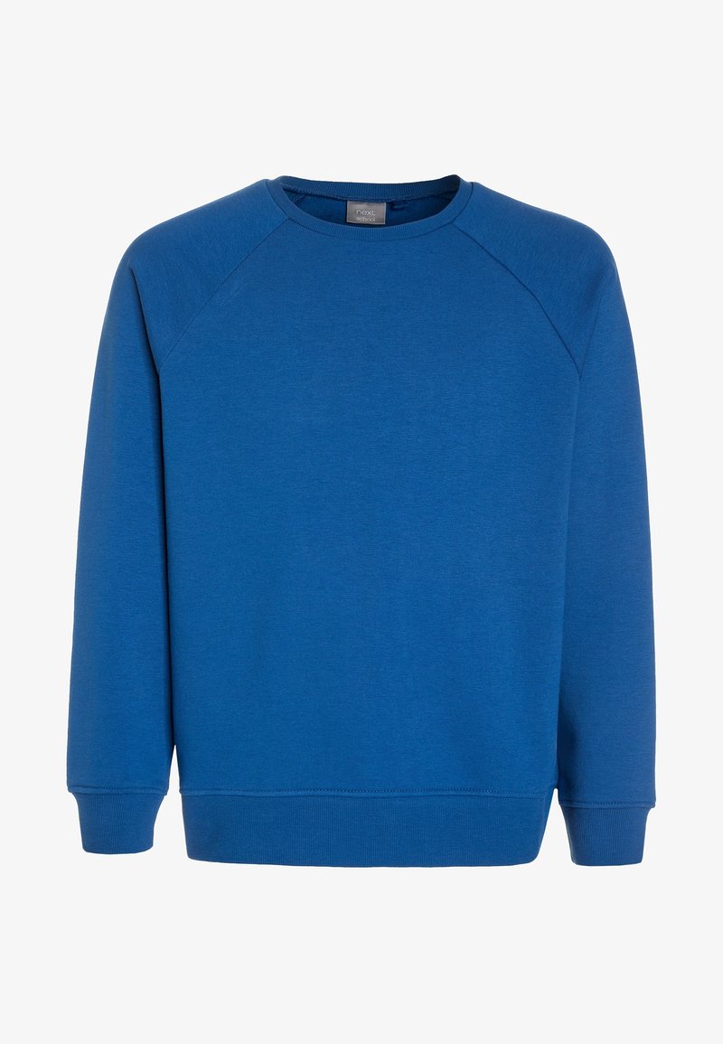 Sweat-shirt bleu uni à col rond avec manches longues et poignets et ourlet côtelés, conçu pour un port décontracté.