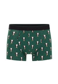 Gröna boxershorts med upprepande svarta och vita koansikten som bär en gul blomma i munnen och ett svart midjeband.