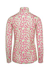 Langarm top met een mintgroene basis en een gedurfd roze abstract patroon. Hoge kraag en slim fit ontwerp, gemaakt van een gladde stof.
