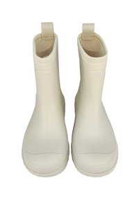 Beige rubberen regenlaarzen met een gladde textuur, een middelhoge ontwerp en lusvormige trekbanden aan de bovenkant voor gemakkelijke aan- en uittrekken.