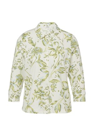 Wit overhemd met lange mouwen, groene en blauwe bloemenprint en een klassieke puntkraag.