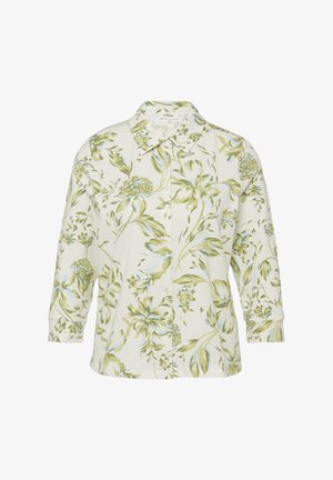 Wit overhemd met lange mouwen, groene en blauwe bloemenprint en een klassieke puntkraag.