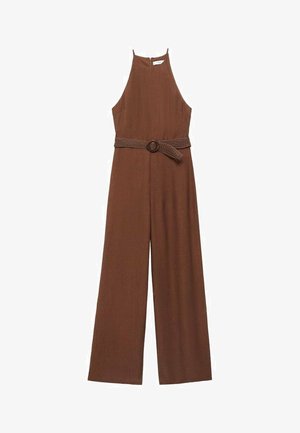 Jumpsuit marrone senza maniche con scollo alto, caratterizzato da una cintura intrecciata e design a gamba ampia; tessuto testurizzato con leggere rigature.