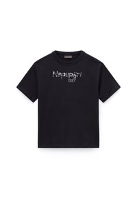 Svart bomullströja med rund halsringning, som har ett silvertryckt mönster av "Napapijri 1987" på framsidan. Korta ärmar, enkel rygg.