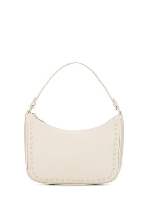 Schultertasche aus cremefarbenem Leder mit abgerundeten Kanten, mit Nieten besetztem Besatz an der Vorderseite und einem einzelnen Riemen mit Bindebändern an den Befestigungen.