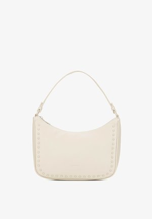 Schoudertas van roomkleurig leer met afgeronde hoeken, gesatineerde afwerking langs de voorkant en enkele riem met strikdetails bij de bevestigingen.